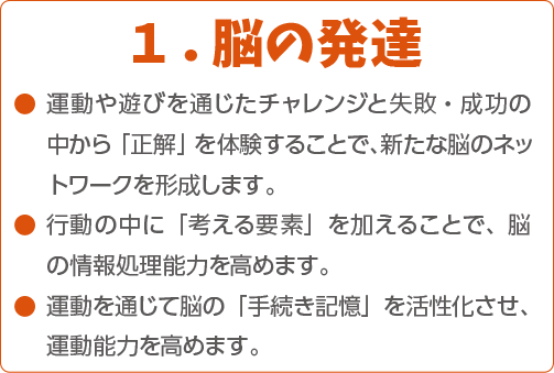 １．脳の発達 ●運動や遊びを通じたチャレンジと失敗・成功の中から「正解」を体験することで、新たな脳のネットワークを形成します。●行動の中に「考える要素」を加えることで、脳の情報処理能力を高めます。●運動を通じて脳の「手続き記憶」を活性化させ、運動能力を高めます。