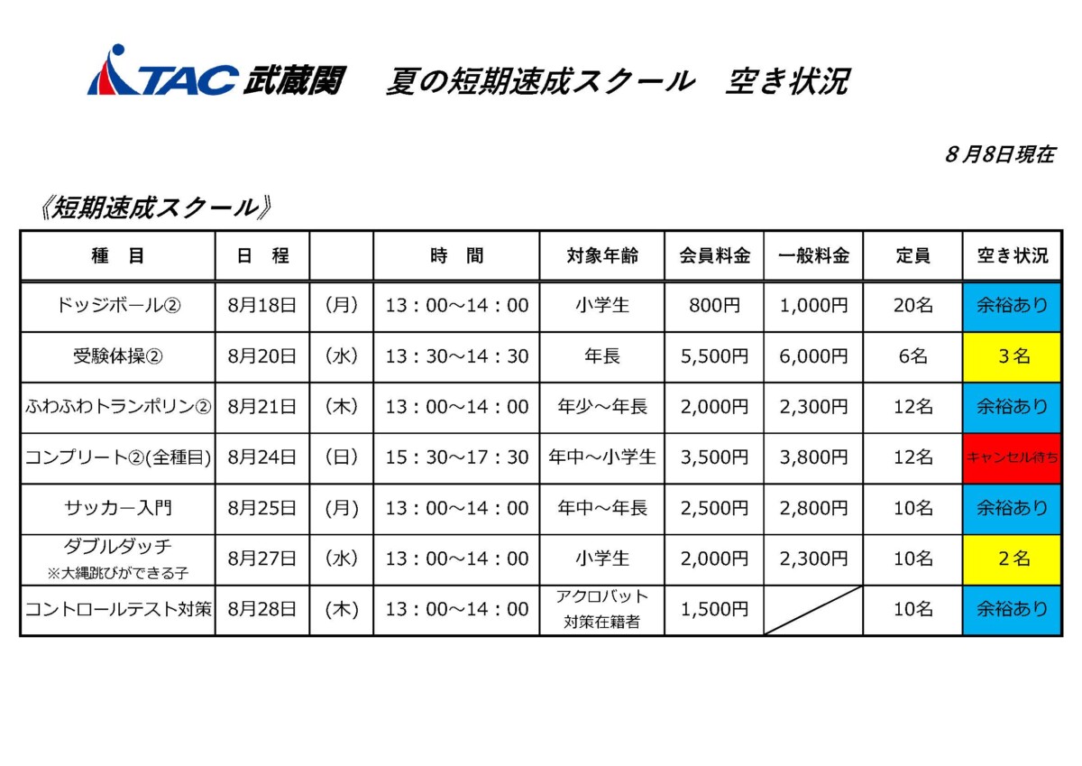2025　夏速成空き状況(8.8更新)のサムネイル